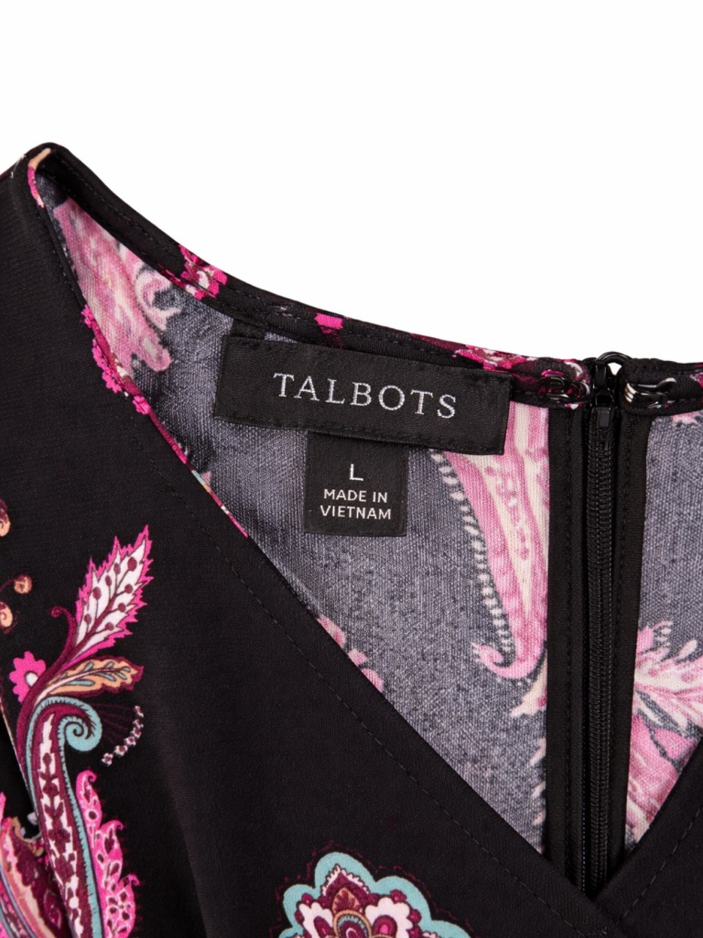 Talbots Black Paisley V-Neck Long Sleeve Midi Dress in Pink large women’s - Picture 2 of 3